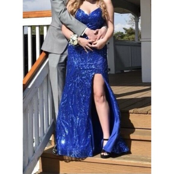Blue Sequin Prom Formal Dress Full Length Women's Small/6 Dancing Queen - Picture 7 of 9